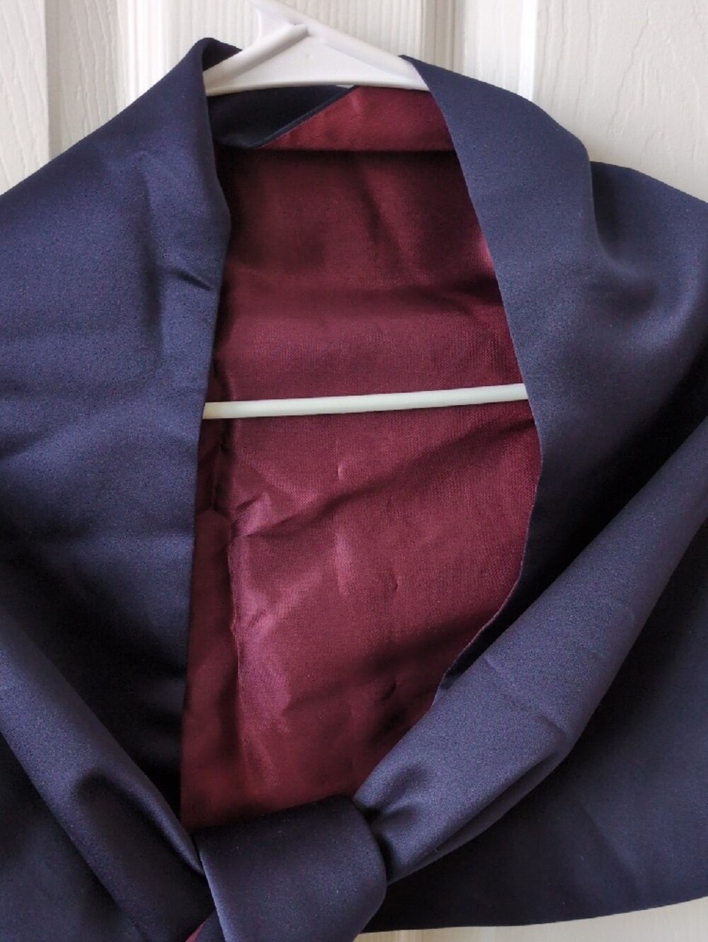 Dressy Over The Shoulder Shawl Navy Blue Satin Material Lined With Maroon Inside - Picture 2 of 4